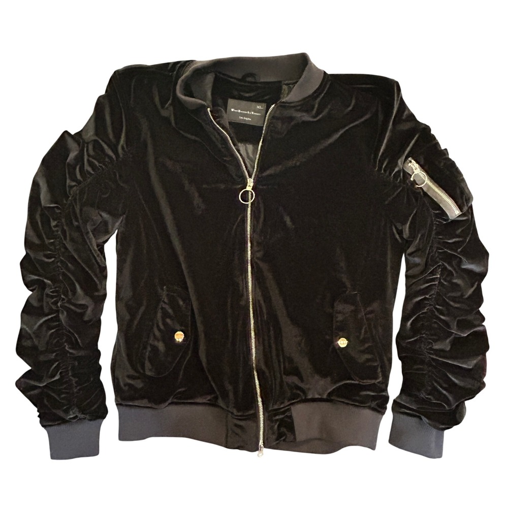 WEIV Los Angeles Black Velvet Ruched Bomber Jacket XL Full Zip Utility Pocket